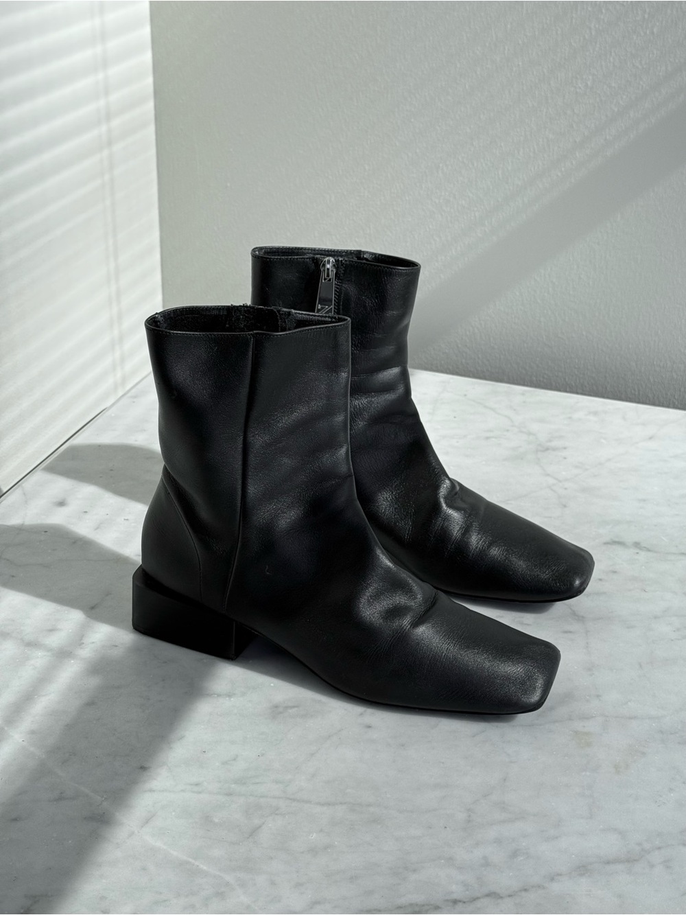 Zara Black Leather Square Toe Ankle Boots | Women’s Size 7.5